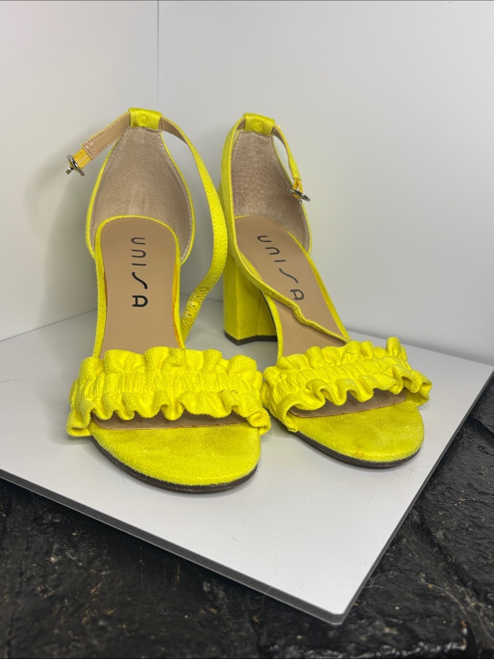 Unisa Undiara Bright Yellow Ruffled Block Heel Sandals